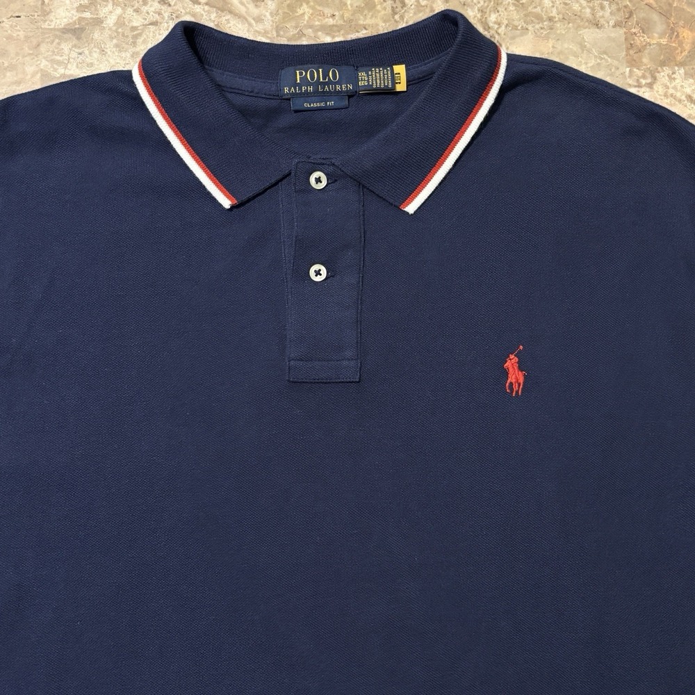 Polo Ralph Lauren Shirt Mens 2XL Classic Fit Blue Short Sleeve Tipped Ringer